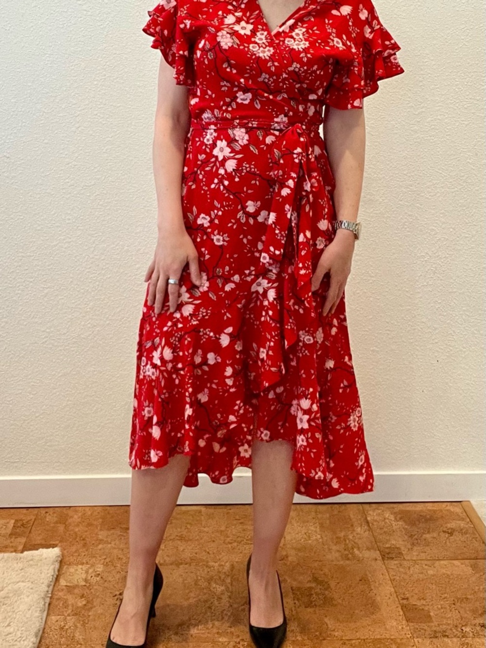 Max Studio Red Floral Wrap Midi Dress with Flutter Sleeves - Picture 2 of 5